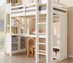 Łóżko na antresoli 90x200cm - z półkami - z przegródkami do przechowywania - z biurkiem + szafą - biały​ (materac nie jest wliczony w cenę)