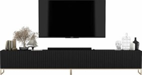 Szafka RTV z 8 drzwiami – korpus czarny mat, ryflowane fronty czarny mat – 300 cm, metalowy stelaż