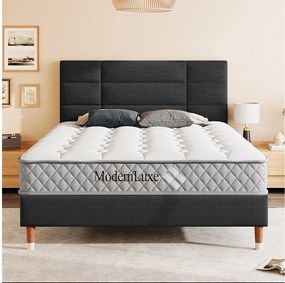 Łóżko tapicerowane dwuosobowe - 140 x 200 cm - z zagłówkiem + stelażem - len - czarne (z materacem)