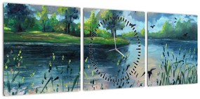 Obraz - Obraz olejny, Wczesny letni wieczór nad jeziorem (z zegarem) (90x30 cm)
