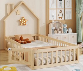 Łóżko domkowe dziecięce 90 x 200 cm - z stelażem lamelowym - z 1 drzwiami - naturalny​ (materac nie jest wliczony w cenę)