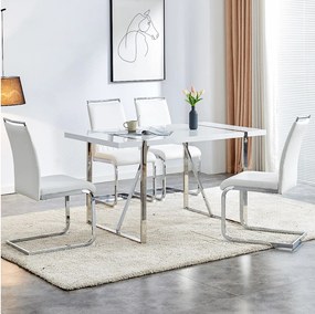 Zestaw 4 krzeseł do jadalni - Biała sztuczna skóra i len - Tapicerowane oparcie - Srebrne nogi