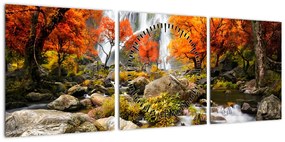 Obraz - Wodospady w pomarańczowym lesie (z zegarem) (90x30 cm)