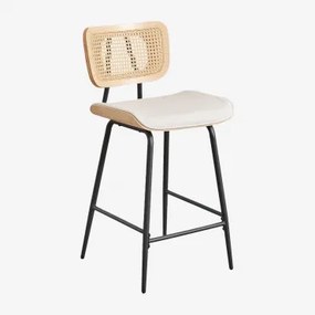 Zestaw 2 Wysokich Stołków Z Drewna, Rattanu I Skóry Ekologicznej Raysa Naturalna & ↑65 Cm & Sztucznej Skóry Distressed White - Sklum