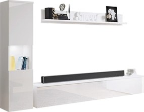 Nowoczesna meblościanka 3-elem. do salonu, korpus biały mat, fronty biały połysk, słupek i szafka RTV 180 cm