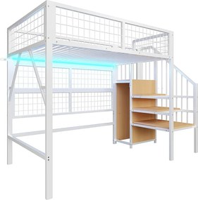 Łóżko piętrowe metalowe dla dzieci - 90 x 200 cm - z szafą + oświetlenie LED + schowek w schodach - MDF + Metal - białe