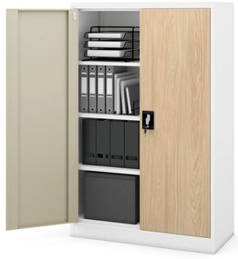 Biurowa szafa metalowa KEVIN, 900 x 1400 x 400 mm, Eco Design: biała/ dąb sonoma