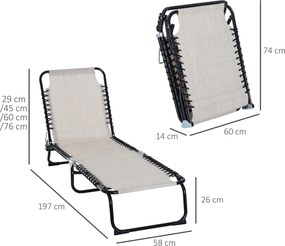Outsunny Leżak Składany Ogrodowy Beżowy Stal i Tkanina Siatkowa 4 Stopnie Regulacji Oparcia 197x58x76cm | Aosom PL