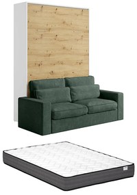 Łóżko chowane szafie 140 x 200 cm - Otwierane pionowo ręcznie - Kolor: Naturalny i biały + Materac + Zielona kanapa - BEGANIO