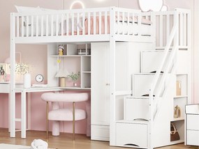 Łóżko na antresoli 90x200 cm - z szafą i biurkiem - drewniana rama łóżka - Biały