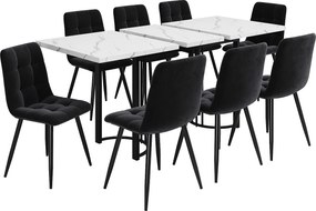 Zestaw stół rozkładany + 8 krzeseł welurowych - 140/179,5 x 80 x 75,5 cm - MDF + nogi metalowe - biały + czarny