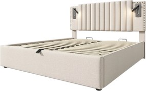 Łóżko tapicerowane dwuosobowe z pojemnikiem na pościel - 180 x 200 cm - z lampką do czytania i zagłówkiem - bawełna - beż