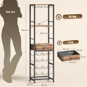 HOMCOM Szafka barowa z szufladą, przemysłowy barek, regał na 12 butelek, uchwyt na kieliszki, rustykalny brąz | Aosom PL