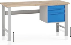 Stół warsztatowy z regulacją wysokości G7, blat bukowy, 1700 x 685 x 840-1040 mm, 1x kontener, 3x szuflada, niebieski