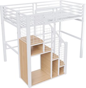 Łóżko piętrowe dla dzieci - 90 x 200 cm - rama żelazna - ze schowkiem i schodkami bezpieczeństwa - metalowe - białe