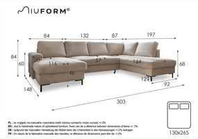 Ciemnoszara aksamitna rozkładana sofa w kształcie litery "U" Miuform Lofty Lilly, prawostronna