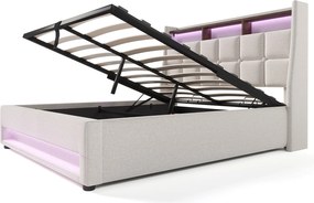 Łóżko z lnu 180x200cm z LED i portami USB - stelaż na listwach - beżowe