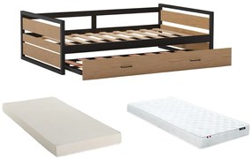 Wysuwane łóżko BOSTON w industrialnym stylu – 2 × 90 × 190 cm – MDF, drewno sosnowe i metal, z materacem