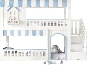 Łóżko piętrowe dla dzieci - 90 x 200 cm - ze schodkami i okienkami do przechowywania - sosna i płyta MDF - biało-niebieski