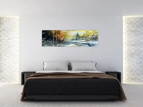 Obraz zimowej rzeki, obraz olejny (170x50 cm)