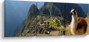 Obraz - Lama i Machu Picchu (z zegarem) (90x30 cm)