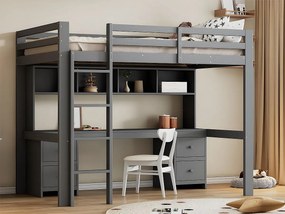 Łóżko mezzanine 90x200cm - z biurkiem i 2 komodami - z drewna sosnowego i MDF - Szare