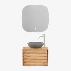 Zestaw Wiszących Mebli Łazienkowych Z Drewna Deleyna Naturalna & Okrągły Szary Cement Ø40 Cm Tarsis & Kwadratowa Lampa - Sklum