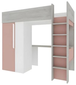 Łóżko z antresolą – 90 × 200 cm – z szafą i biurkiem – Różowy i biały - NICOLAS