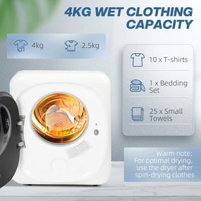 HOMCOM Suszarka z dezynfekcją UV, kompaktowa budowa, pojemność 4 kg, stal nierdzewna, Biały