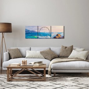 Obraz fal uderzających w klify, obraz olejny (z zegarem) (90x30 cm)