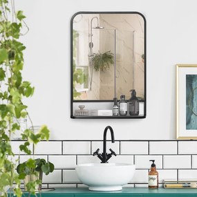 HOMCOM Lustro Ścienne z Półką 70x50 Metal Czarny Srebrne Zaokrąglone Krawędzie Stylowe | Aosom PL