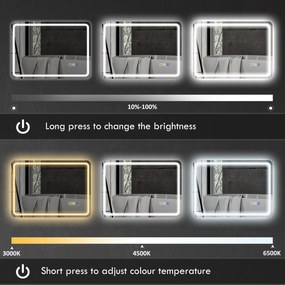 HOMCOM Lustro łazienkowe z oświetleniem LED, matą przeciwmgłową, 3 regulowanymi kolorami, 700 x 900 mm, Kolor srebrny
