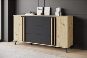 Komoda 150 cm na nóżkach do salonu – nowoczesna z 3 szufladami i 2 szafkami, mat Artisan + czarny grafit