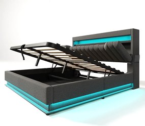 Tapicerowane łóżko z pojemnikiem 180x200 cm - z LED - z portami USB i Type-C - Tkanina lniana - Wezgłowie z przestrzenią do przechowywania - Szary