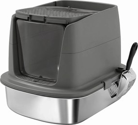 PawHut Duża kuweta dla kota ze stali nierdzewnej, zamknięta taca na żwirek z metalową łopatką i woreczkiem dezodorującym, ciemnoszara | Aosom PL