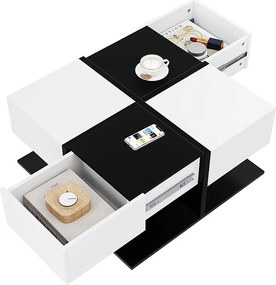 Stolik kawowy błyszczący - 70 x 70 x 35,5 cm - z 2 szufladami - płyta wiórowa - biały + czarny