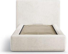 Kremowe tapicerowane łóżko jednoosobowe ze schowkiem i stelażem 90x200 cm Amy – Micadoni