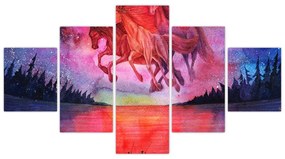 Obraz - Pojawienie się kosmicznych koni nad jeziorem, akwarela (125x70 cm)