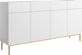 Komoda czterodrzwiowa Nicole 200 cm z szufladami z ryflowanym frontem - biały mat / złote nóżki