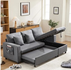 Sofa 3-osobowa, sofa rozkładana ze schowkiem i kieszeniami bocznymi, metalowa rama - ciemnoszary len