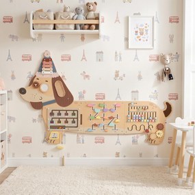AIYAPLAY Montessori panel motoryczny drewniany Busy Board w kształcie jamnika montowany na ścianie z ksylofonem, zębatkami i bębenkiem | Aosom PL
