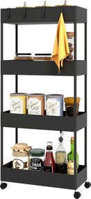 HOMCOM Wózek kuchenny z 4 półkami, 4 elastycznymi hakami, 4 kółkami, 40 cm x 19 cm x 90 cm, Wózek do niewielkich przestrzeni, Czarny