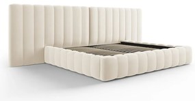 Beżowe tapicerowane łóżko dwuosobowe ze schowkiem i stelażem 200x200 cm Gina – Milo Casa