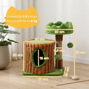 PawHut Drapak wys. 53 cm drzewo dla kota z kryjówką, wzór pnia, słupki z juty, 2 piłeczki dla 1-2 kotów poniżej 5 kg, Brązowy+Zielony | Aosom PL