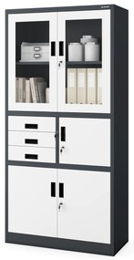 Szafa biurowa metalowa z sejfem, szklane drzwi, antracytowo-biała, 900x1850x400 mm: FILIP
