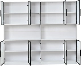 2 nowoczesne, wysokie gabloty szklane – 120 x 34 x 200 cm – z diodami LED + 6 drzwi + półka – płyta wiórowa – kolor biały