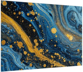 Obraz na szkle - Niebieska abstrakcja ze złotem (70x50 cm)