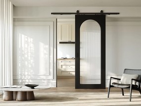 Przesuwne drzwi z systemem naściennym z drewna i MDF - czarny łuk i szkło hartowane ryflowane - W205 x S93 cm - ODEZA