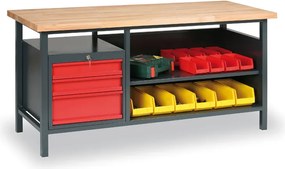 Warsztatowy stół roboczy GD, bukowa deska warstwowa, 3 szuflady, 1 półka, 1700 x 685 x 850 mm, grafitowy / czerwony