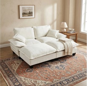 2-osobowa sofa modułowa z 2 zdejmowanymi podnóżkami i 2 poduszkami, z beżowej tkaniny szenilowej